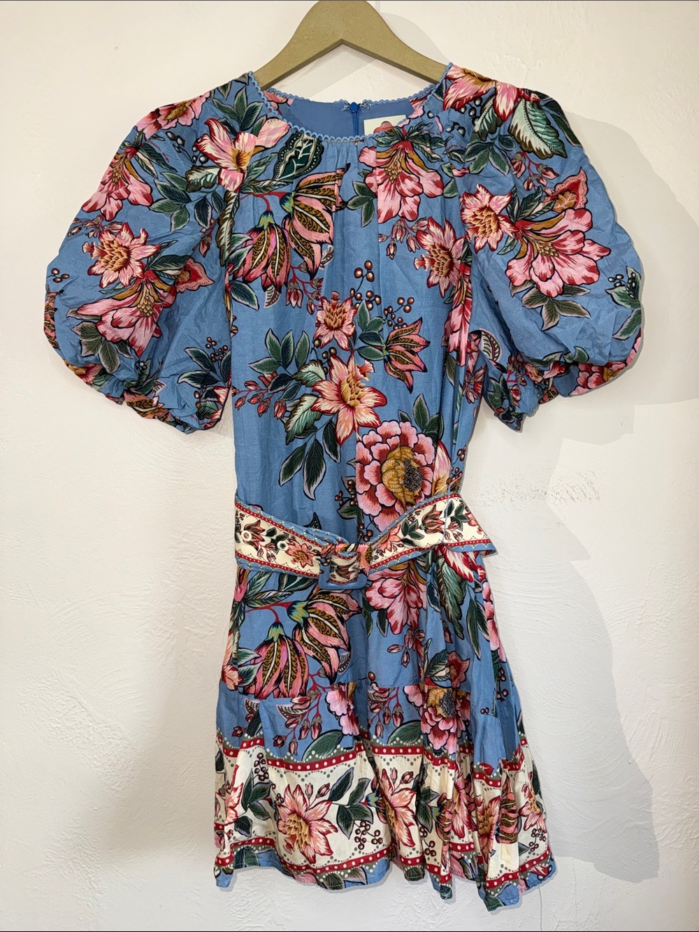 FARM Rio Blue Floral Puff Sleeve Belted Mini Dress Size S